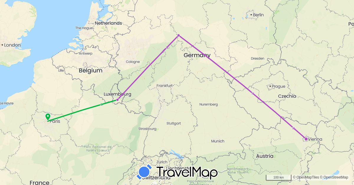 TravelMap itinerary: driving, bus, train in Austria, Germany, France, Luxembourg (Europe)